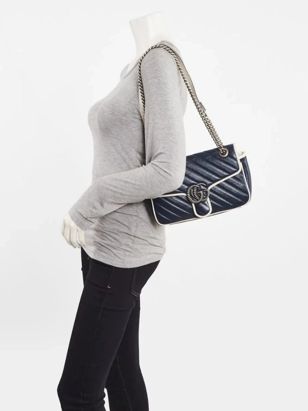 Gucci Blue/White Quilted Leather Marmont Torchon Small Flap Bag